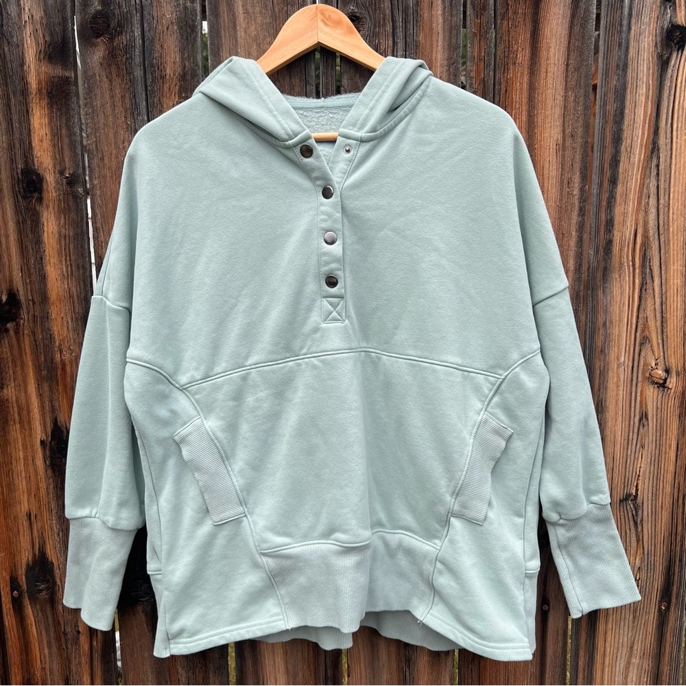 Sage Green Blue Oversized Quarter Snap Tunic Style Hoodie Sweatshirt, Women’s S
